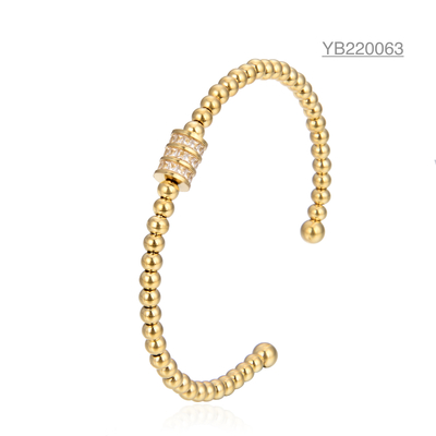 Ladies Luxury Brand Open Cuff Bangle Cylinder Rhinestone 14k Gold Bead Bracelet Bracelet